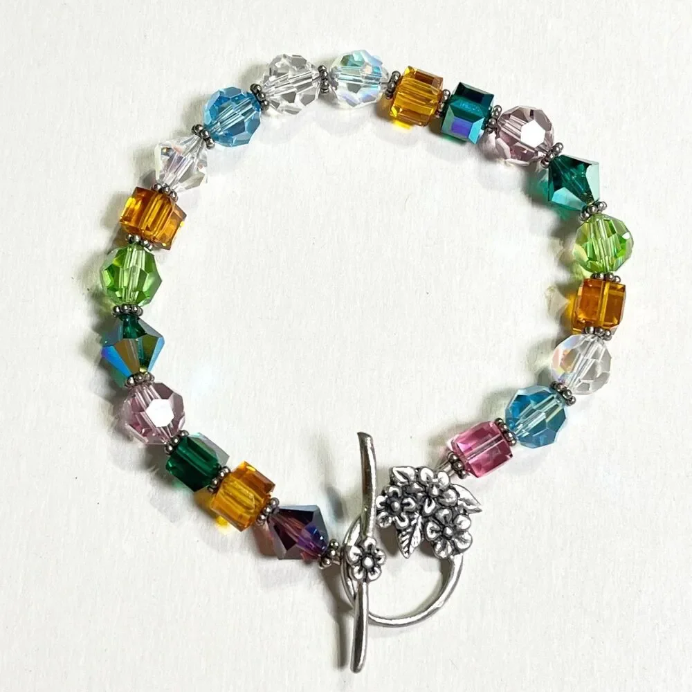 Crystal Bead Bracelet Silver Tone Floral Toggle Clasp Mixed Shapes Faceted Glass